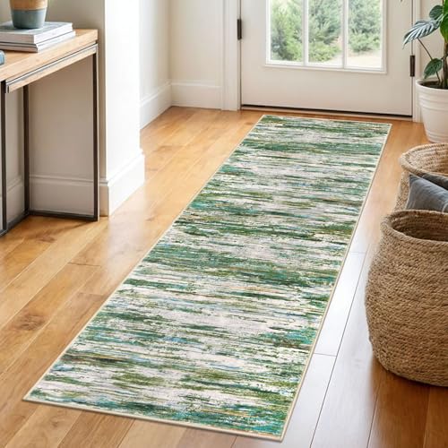 2x6 Green Grey Multi Modern Abstract Runner Rug for Hallway, Super Soft Hallway Decor Kitchen Rugs with Non-Slip, Non-Shedding Washable Rug for Entryway Bedroom Laundry Indoor