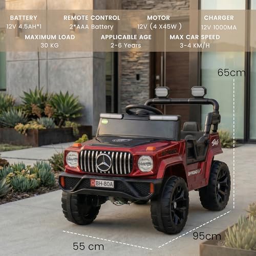 Image of Baybee Zenvor Battery Operated Jeep for Kids with Parental Remote Control | Kids Electric Battery Car with 4x4 Motors, RGB Lights & Music | Rechargeable Electric Car for Kid Aged 2-6 Years (Red)