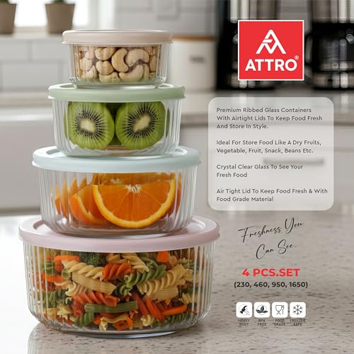 Image of ATTRO Glassox Borosilicate Store Fresh Striped Finish Round Containers with Lids-Microwave,Oven, fridge,dishwasher safe. Transparent-set of 4 (250ml, 470ml, 950ml, 1650ml) elegant-Mix Pastel Colors
