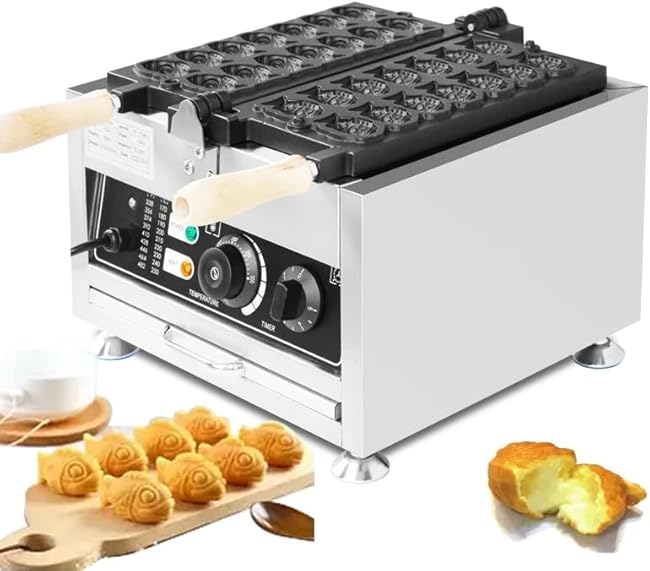 Commercial Taiyaki fish Waffle Maker 14pcs Non-stick Big Eyes Small Fish Waffle Maker Mini Fish Shaped Waffles Iron with Non-Stick Teflon Coating,50-300℃/122-572℉ Adjustable