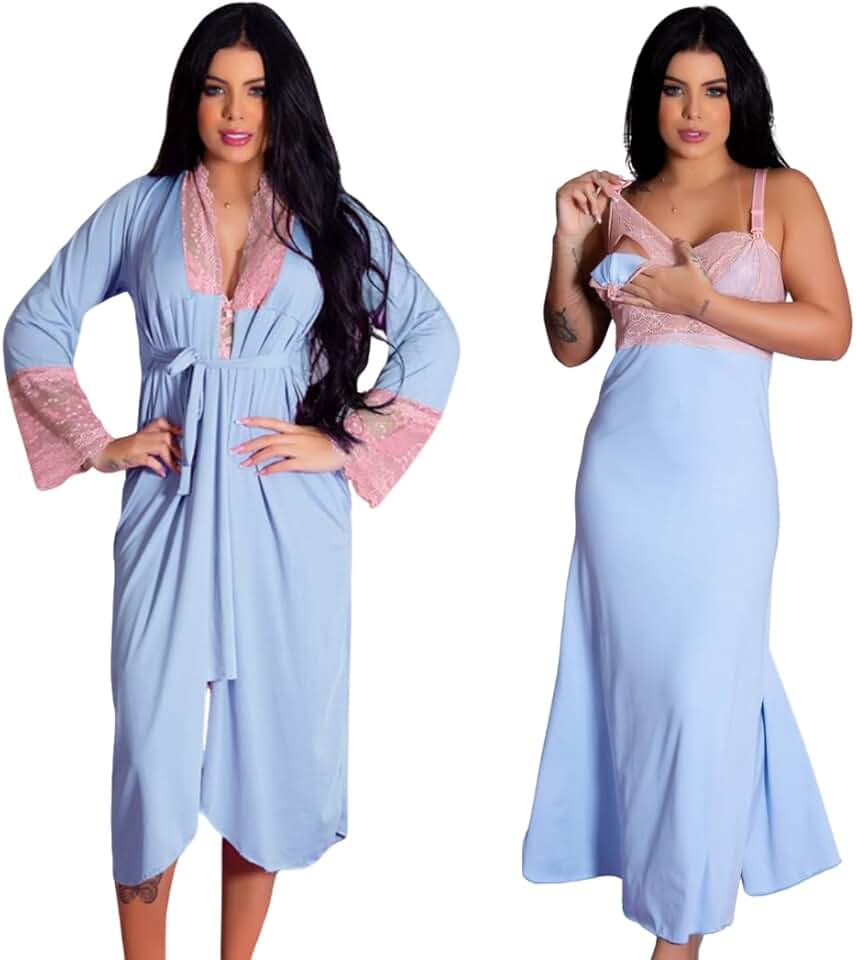 Kit Gestante Maternidade, Roupão e Camisola Longos com Recorte Lateral para Amamentação, Ideal para Enxoval