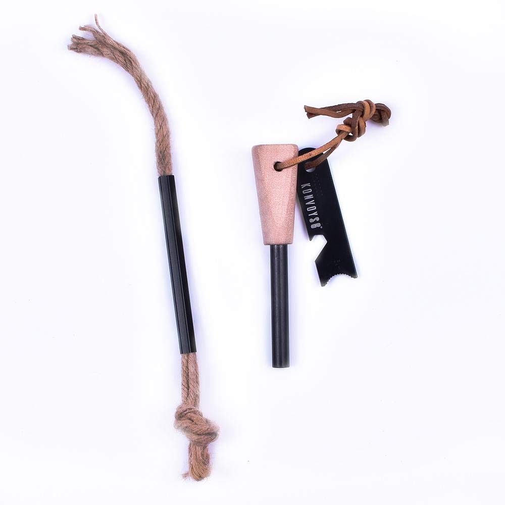 Premium Magnesium Traditional Ferrocium Rod Firesteel - Includes Hemp Cord Tinder Superior Wooden Handle/Grip Leather Lanyard - Essential Fire Starter Camping Survival Kit