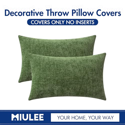 Image of MIULEE Pack of 2 Couch Throw Pillow Covers 12x20Inch Soft Moss Green Spring Chenille Lumbar Pillow Covers for Sofa Living Room Solid Dyed Cases