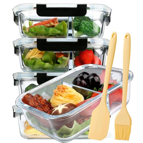 Genérico Tupper Cristal Compartimentos– Fiambreras de Vidrio con Tapa – Apto Microondas, Horno, Congelador – Sin BPA – Almacenamiento de Comida,Negro,7 PCS B