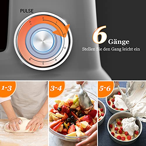 Küchenmaschine Scheffler 2000W Knetmaschine,5L Küchenmaschine XL,Teigmaschine, 6 Geschwindigkeiten, 8 weiteren Zubehörteilen inklusive, Knethaken, Flachrührer, Schneebesen (5L-Silver) – Bild 4