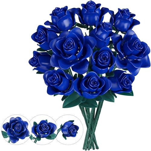 Kit de Construction Bouquet de Fleurs, 634 PCS Feuilles et Pétales Réglables, Roses Bleues Artificielles pour Enfants Noël, Cadeau Saint-Valentin & Fête...