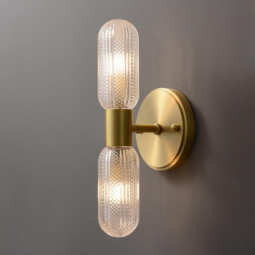 Applique da Parete Dorate a 2 luci, lampade da Bagno in Vetro, Moderne Applique da Interno in Ottone Spazzolato per corridoio e Camera da Letto