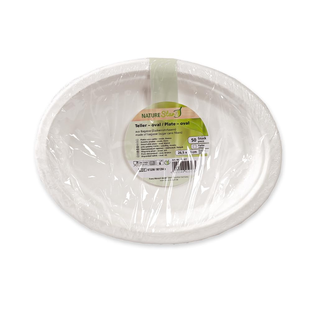 FRANZ MENSCH 500 Stück NATUREStar Teller, oval | Zuckerrohr, weiß, L: 26, 5 cm, B: 20 cm, Karton, Einwegteller, Zuckerrohrteller, Einmalteller