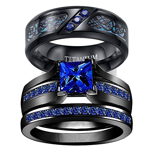TWO RINGS His Hers Wedding Ring Sets Couples Rings Women's Black Gold Plated Blue Sapphire CZ Wedding Engagement Ring Bridal Sets & Men's Titanium Wedding Band