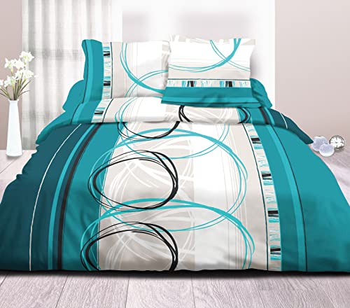 Le linge de Jules Parure Drap Plat + Drap-Housse 140x190 + 2 T - Pur Coton 57 Fils - Roue L Turquoise
