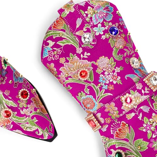 Image of LOCERICH Women Rhinestone Cowboy Sparkly Cowgirl Boots Diamond Western Floral Embroidery Mid Calf Booties