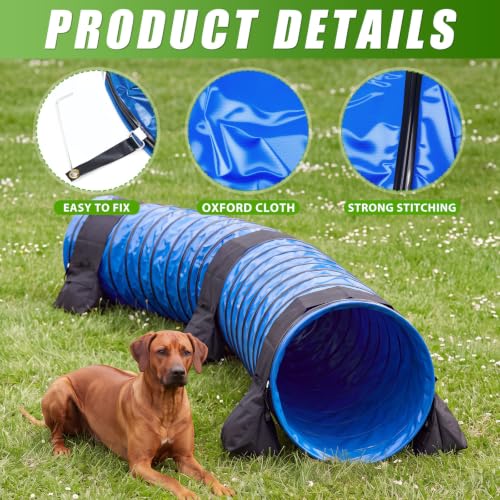 Image of Briwooody 24 in 16 Foot PVC Dog Agility Tunnel with Sandbags Dogs Agility Training Equipment Tunnel with 4 Pack Sandbags, Carry Bag and 4 Ground Spikes for All Medium Large Dogs(Blue)