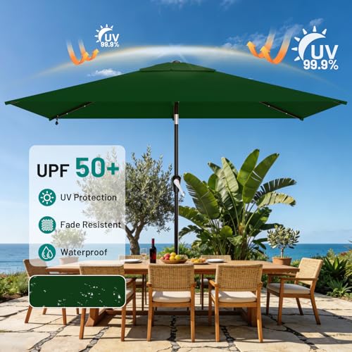 Image of AreShark 6.5' x 10' Rectangular Patio Umbrella with Solar Lights, Solar Powered Lighted Market Umbrella w /Tilt and Crank, Outdoor Table Umbrella for Garden, Deck, Backyard, Pool, Dark Green