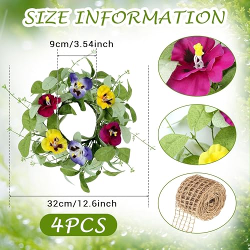 Image of 4 PCS Mini Spring Summer Kitchen Cabinet Wreaths Small Pansy Flowers Wreath for Front Door with Fern Branches Ribbon Small Flocked Lamb Ear Leaves Wreath for Indoor Outdoor Farmhouse Porch Wall Decor