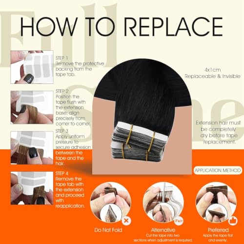 Image of Full Shine Human Hair Tape In Extensions, Jet Black 20 Inch
