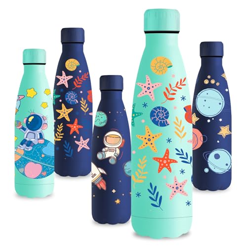 Vikastar Botella Termica, 0.5L Sin BPA, Botella Agua Acero Inoxidable, a Prueba de Fugas, Cantimplora, Doble Aislamiento, Botella de Agua para Niños, Deportes, Fitness, Verde - Mar Estrella