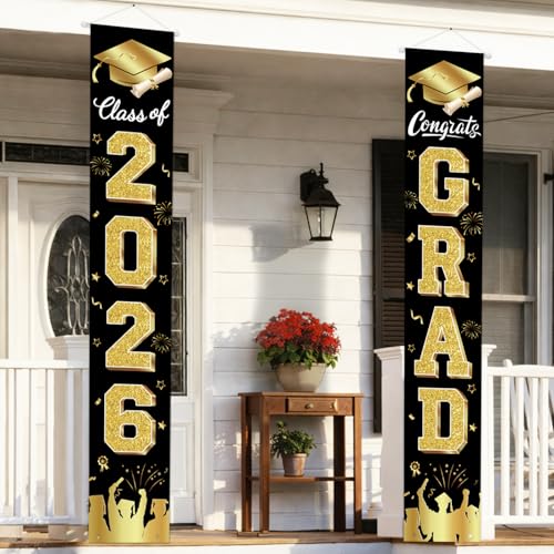 Image of Graduation Decorations 2026 Porch Banner, Black and Gold Graduation Banner Class of 2026, Congrats Grad Decorations for Door and Porch Party Supplies