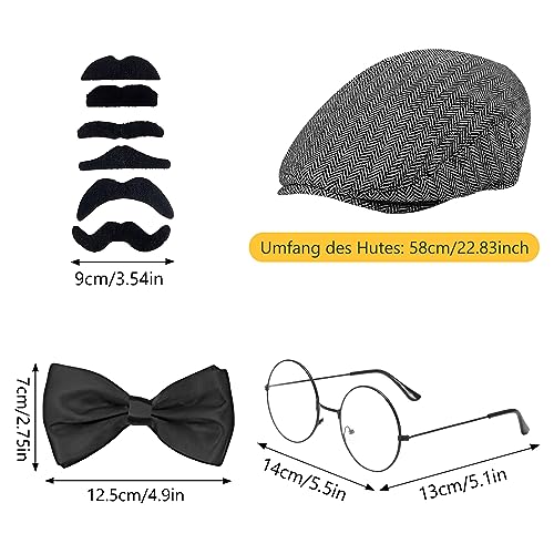20er Jahre Kostüm Herren Accessoires, Mafia Peaky Blinders Set Mit Gangster Panamahut, Taschenuhr, Hosenträger, Fliege, Bärte, Brille - Für Karneval, Fasching, Halloween