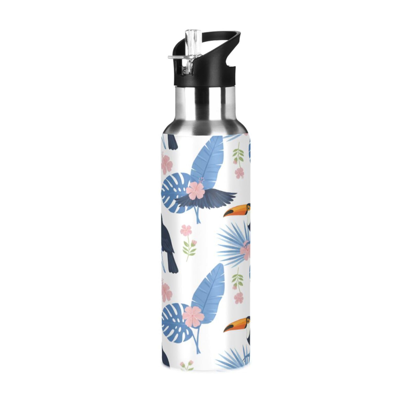 BOESI Toucan Hibiscus Pattern Insulated Water Bottle 600ml, Stainless Steel Vacuum Sports Bottle with Straw, Leak Proof Thermal Bottle for Gym Travel Outdoor