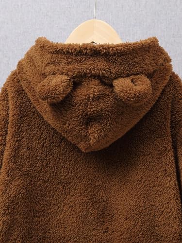 Image of BEAUDRM Boy's 2 Piece Outfits 3D Ears Design Long Sleeve Flannel Hoodie Sweatshirt and Elastic Waist Pants Set Brown 8Y