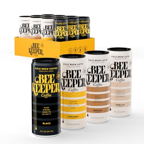 Image of Beekeeper Black Cold Brew Coffee Drinks with Oregon Honey | 12 Pack Refreshing Iced Coffee - Unsweetened & Strong Arabica Brew, 8 fl oz Ready-to-Drink Can - 180mg Natural Caffeine
