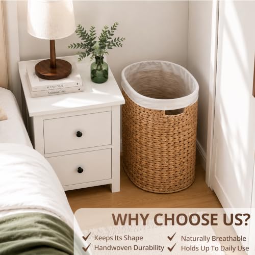 Image of Woven Laundry Basket - Large Wicker Hamper for Clothes Storage - Round Rattan Laundry Hamper - Water Hyacinth Storage Basket (Natural Brown, 17.7 x 15 x 21.7 in)