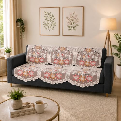 Image of STITCHNEST Gulnaar Beige 10 Piece Cotton Net Sofa Slip Cover |5 Seater