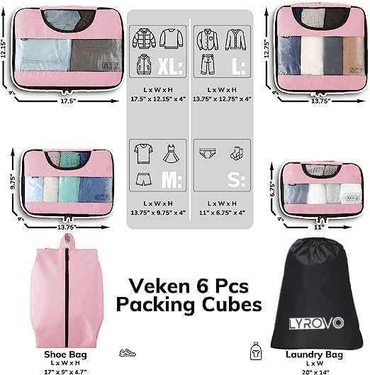 Image of Lyrovo 6 Pcs Packing Cubes Travel Accessories for Toiletry Organizer Bag (PINK)