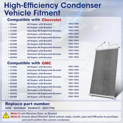 Image of Air Conditioning A /C Condenser Compatible with Chevrolet Blazer C1500 C2500 C3500 K1500 K2500 K3500 Suburban Pickup GMC Models # 4295, 52455842, 52486531, 52411109