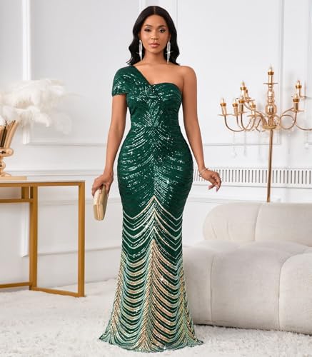 Image of Cololura Women Sexy Sequin One Shoulder Mermaid Formal Party Cocktail Gowns Bodycon Evening Maxi Dress