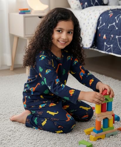 Image of Anthrilo Pajama T-Shirt Set for Girls | Kids Night Suit for Girls | Nightwear | 100% Cotton Pyjama Set Dinosaur Fun Navy Print | Long Sleeve T-Shirt and Pajama | 7-8 Years