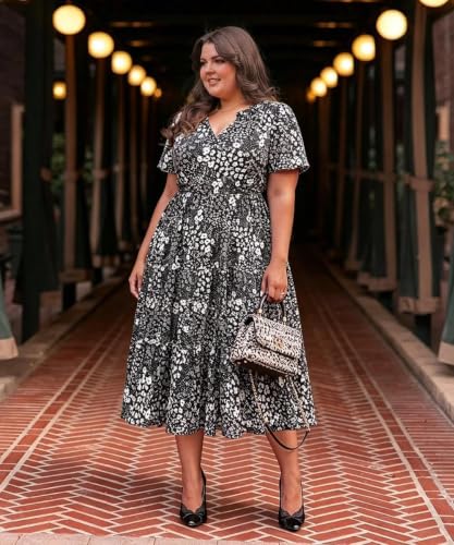 Image of TIYOMI Women Plus Size Dress Boho V Neck Short Sleeve Beach Maxi Dresses Floral /Stripe /Leaves /Lemon XL-5XL