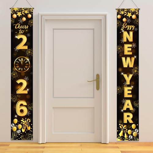 👑【Brillante e Festoso】 Striscione per porta del nuovo anno nero e oro 2026 design lucido: 
