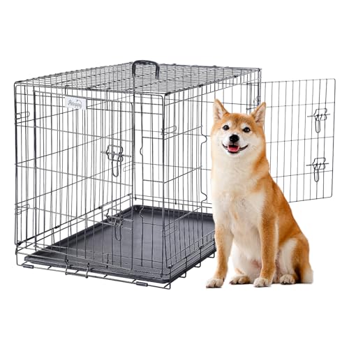 PETAPPY Medium Dog Wire Crate 36 Inch, Folding Metal Cage Double Door Dog Kennel, Wire Pet Puppy Crate with Removable Tray, Floor Protecting Feet, for Travel Outdoor and Indoor