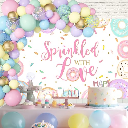 Mocsicka Sprinkled With Love Donut Backdrop Baby Sprinkle Background Girl Baby Shower Party Cake Table Decoration Banner Photo Booth Props (7x5ft) by Mocsicka - Used condition - Image 3