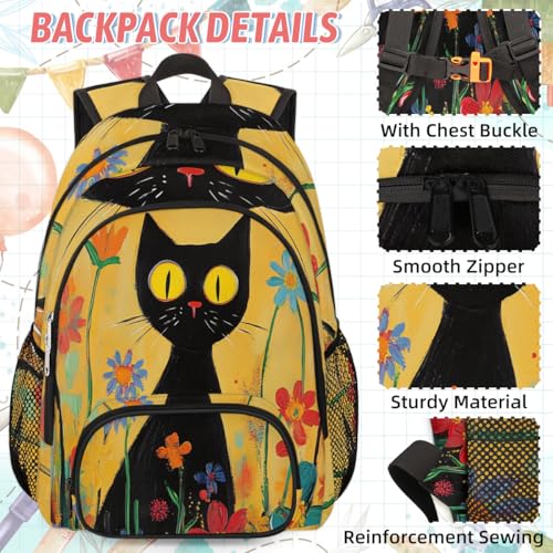 TropicalLife Boho Flower Cat Backpack with Lunch Box Set, Back Pack and Lunch Bag Boho Flower Cat Waterproof Casual Daypack Bag for Work Travel2
