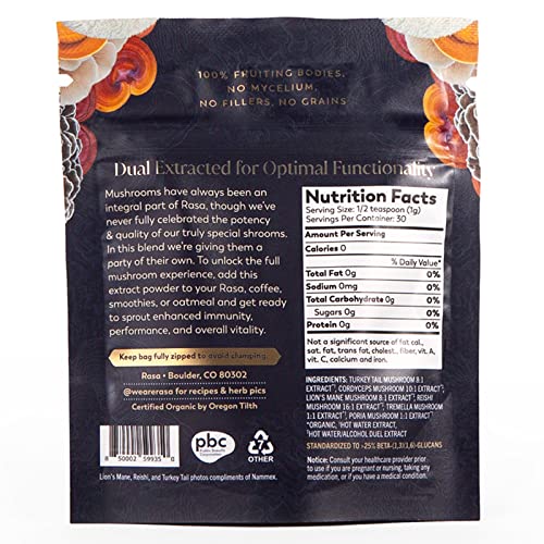 Rasa Magnificent Mushrooms – Organic Extra Potent Mushroom Extract Powder: Reishi, Turkey Tail, Cordyceps, Lion’s Mane, Tremella, and Poria for Immunity & Focus Support (1 oz. / 30 Servings) - Image 2