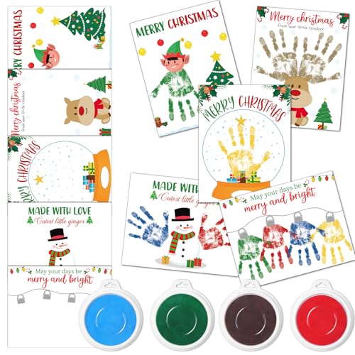 30 Pcs Christmas Handprint Kits Crafts with 4 Pcs Stamp Pads Snowman Penguin Gloves Themed DIY Handprint Art and Craft Fall Greeting Cards for Xmas School Home Classroom Game Activities Gift