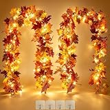 Ahornblätter Herbstgirlande Mit 40 LEDs für Herbstdeko - OEMG 2 Stück künstliche Herbst Girlande Blätter mit Licht (180cm/Stück), Girlande Herbst Deko für Weihnachtsdekoration Erntedankdekor Hochzeit