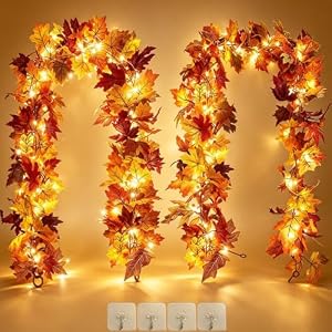 Ahornblätter Herbstgirlande Mit 40 LEDs für Herbstdeko – OEMG 2 Stück künstliche Herbst Girlande Blätter mit Licht (180cm/Stück), Girlande Herbst Deko für Weihnachtsdekoration Erntedankdekor Hochzeit