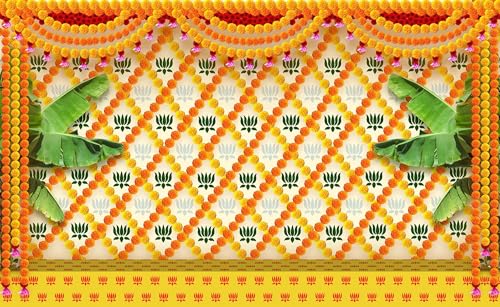 Image of Dhara Marigold Flower with Banana Tree Backdrop - 8ft x 5ft, Premium Polyester Fabric, Ideal for Pooja, Weddings, and Cultural Festivities .Washable Fabric