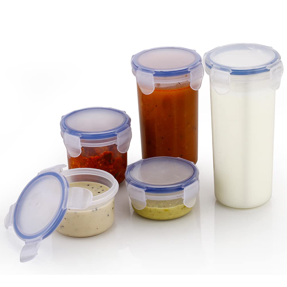 RRJ Liquid Round Container Plastic Airtight Food Storage Containers with Leak Proof Locking Lid Storage container set of 5(110 ml,160 ml,210 ml,400 ml,500 ml, Transparent)
