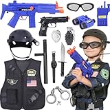 C.C SWAT Police Officer Costume for Boys Kids, SWAT Gear with Vest Helmet Badge Toys Costume Accessories Deluxe Set Halloween Pretend Play Gift for Kids