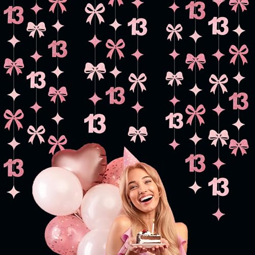 Image of Glitter Pink 13th Bow Birthday Decorations Hot Pink Conquette Bow Garland Streamer Banner Backdrop for Girls Happy 13th Birthday Official Teenager Cheers to 13 Years Old Anniversary Party Supplies