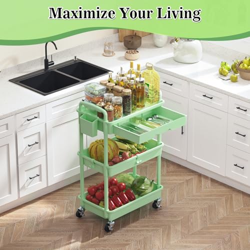Image of SUNALLY 3-Tier Rolling Cart with Drawer & Lockable Wheels, Bathroom Storage Organizer Multifunctional Rolling Storage Cart for Bathroom, Kitchen, Office, Craft, Makeup, Baby Essentials, Green