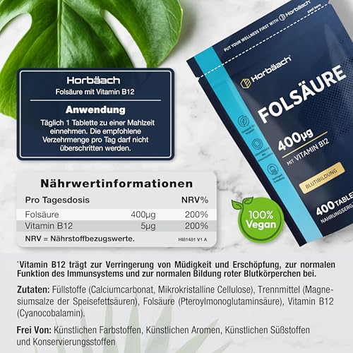 Folsäure 400 µg Tabletten | 1 Jahr Vorrat - 400 Vegane Tabletten | Optimal Vitamin B9 mit Vitamin B12 | von Horbaach