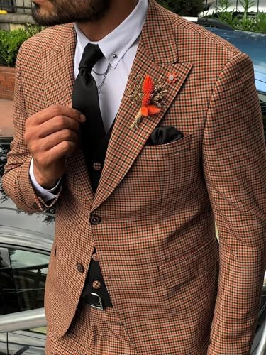 Mens Vintage Suit Slim Fit - 3 Piece Plaid Suits for Men One Button Blazer Wedding Party Prom Jacket Vest & Pants Set4