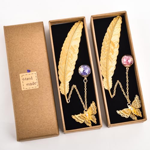 Czwander 2 Piezas de Exquisitos Marcapáginas de Plumas de Metal con Hermosas Mariposas y Cuentas de Vidrio, Colgantes de Flores Secas, Adecuados Para Estudiantes, Adultos y Niños.