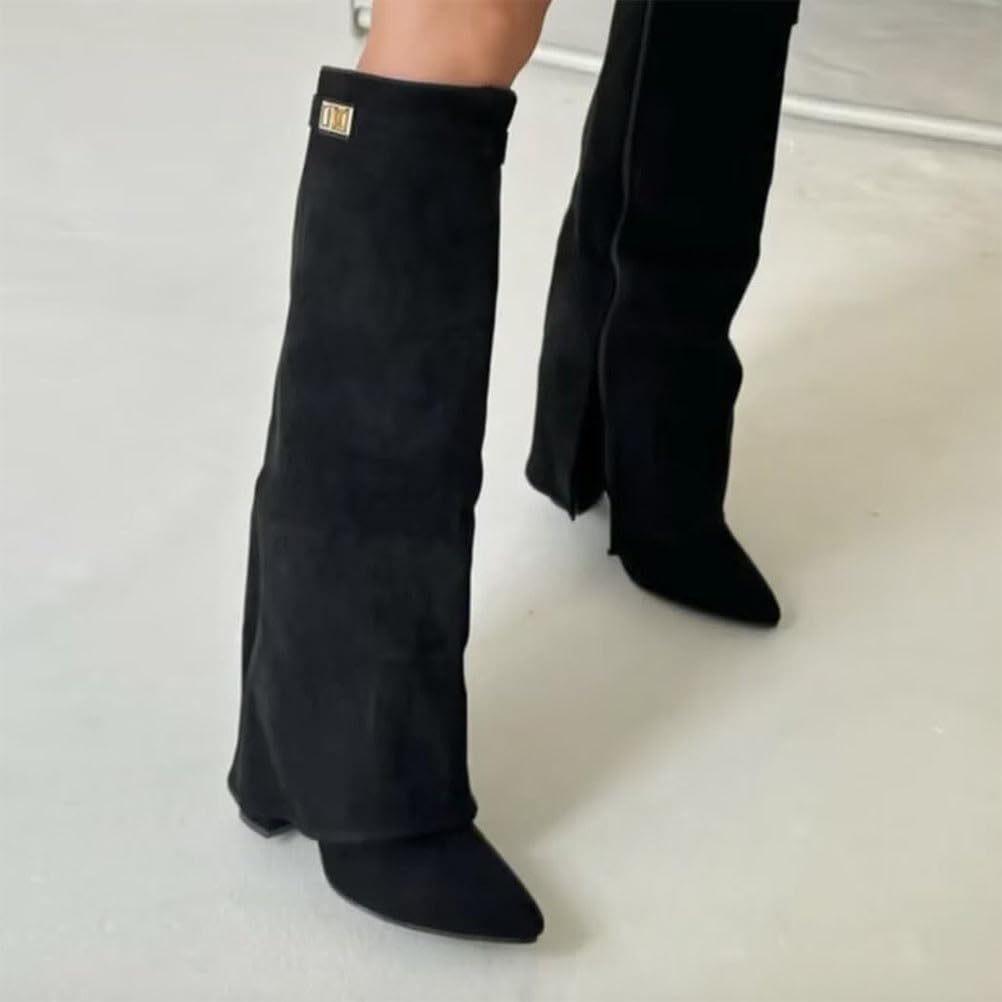 Stiefel Damen Fold Over Boots Spitzer Zehenbereich Plateauabsatz Langschaft Knee High Boots Winter Warme Stiefeletten
