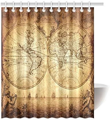 Home Bathroom Decor Vintage World Map Shower Curtain Hooks 60x72 Inch ...